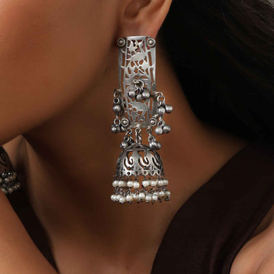 trueBrowns Silver Tone Floral Jhumka Earrings