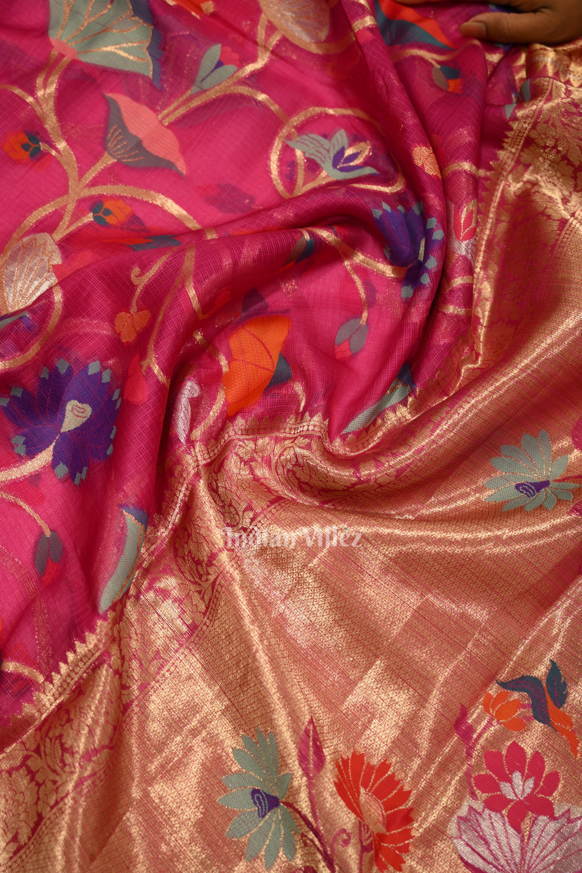 Rani Pink Jamdani Banarasi Kota Silk Saree