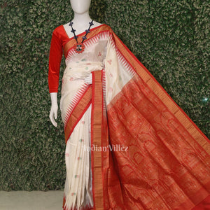 White Red Laxmi Pada Bomkai Sambalpuri Silk Saree with Tissue Anchal