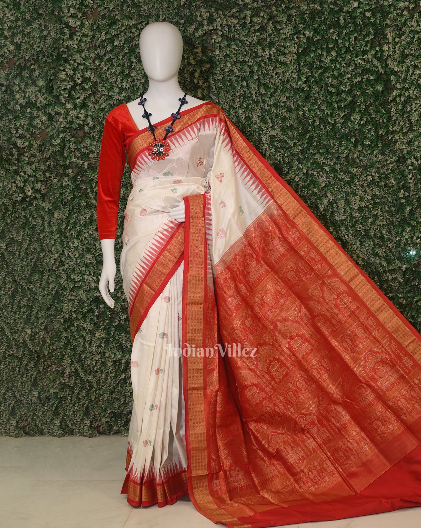 White Red Laxmi Pada Bomkai Sambalpuri Silk Saree with Tissue Anchal