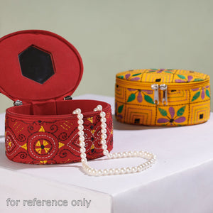 Blue - Bengal Kantha Work Handcrafted Oval Jewelry Box with Mirror