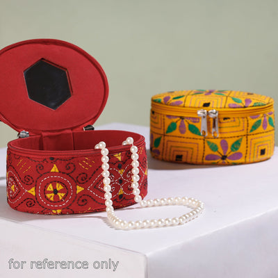 Blue - Bengal Kantha Work Handcrafted Oval Jewelry Box with Mirror