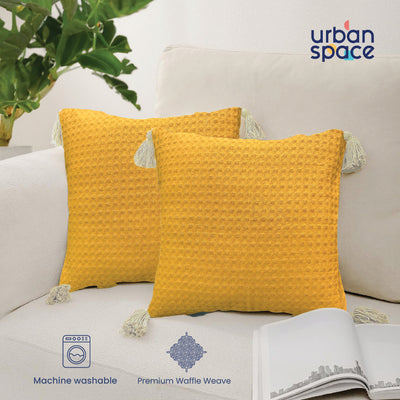 Waffle Cotton Cushion Cover, for Sofa, Bedroom, Living Room - Set of 2 - Waffle Mustard