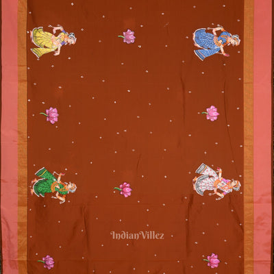 Brown Radha Krishna Raas Leela Hand-Painted Pattachitra Saree