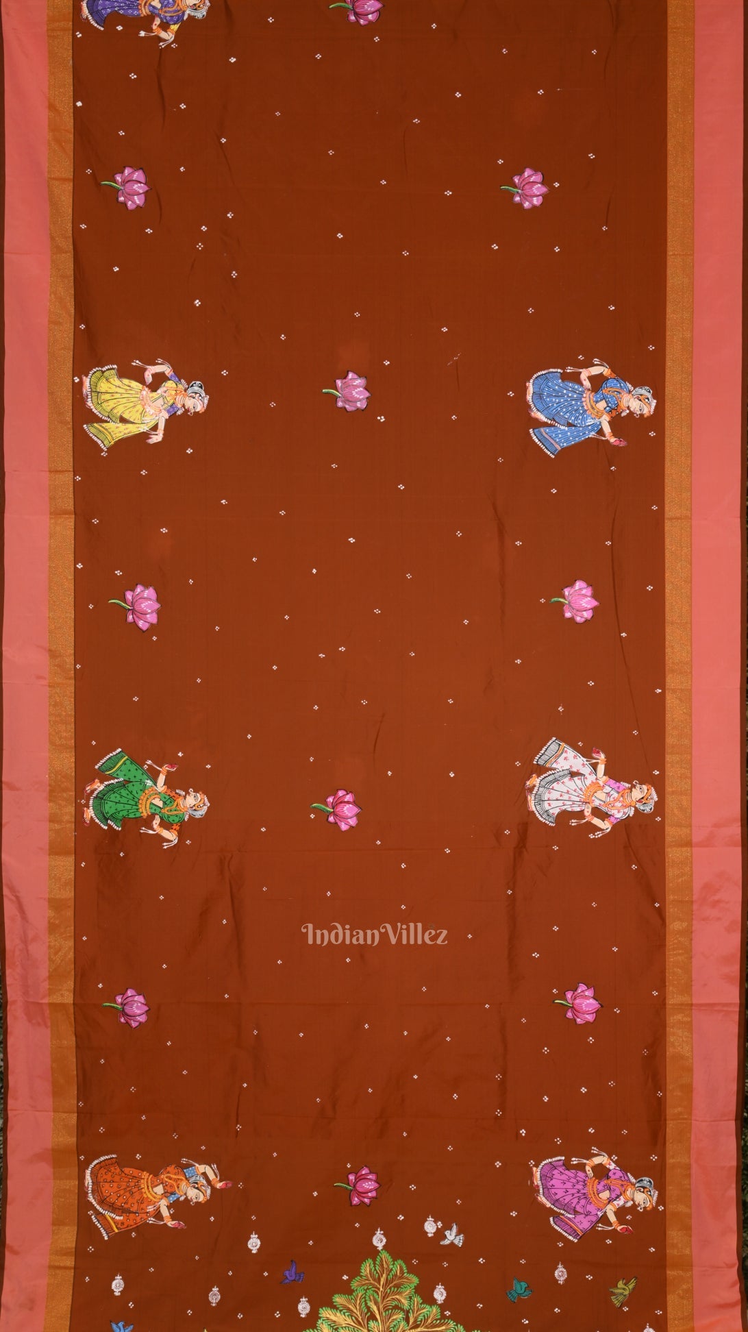 Brown Radha Krishna Raas Leela Hand-Painted Pattachitra Saree