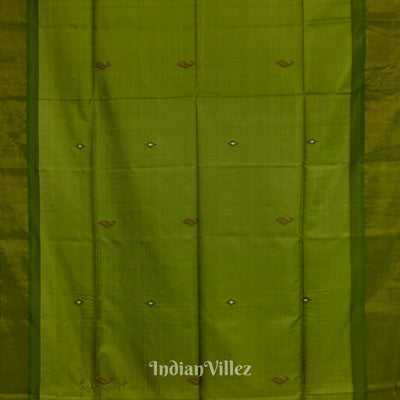 Parrot Green with Multicolor Pure Bishnupuri  Double Pallu Silk Saree