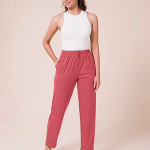 Women Solid Rusty Pink Mid Rise Casual Rib Pants