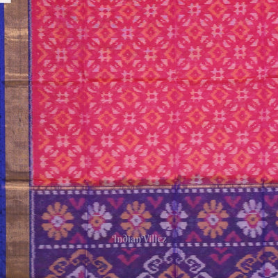 Rani Pink with Blue Pochampally Ikat Sico (Silk & Cotton) Saree with Zari Border