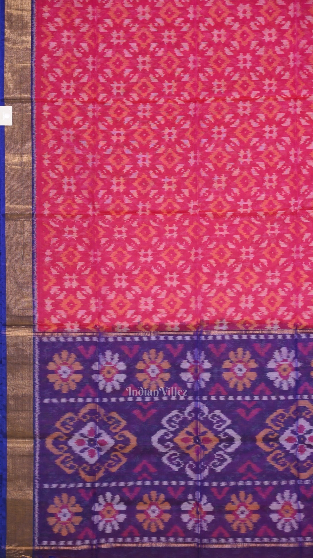 Rani Pink with Blue Pochampally Ikat Sico (Silk & Cotton) Saree with Zari Border