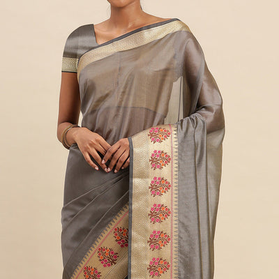 Grey Woven Organza Saree