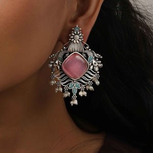 trueBrowns Silver Tone Pink Stone Pearl Drop Earrings