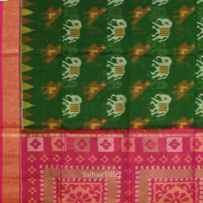 Green Pink Pochampally Ikat (Silk & Cotton) Sico Saree with Zari Border