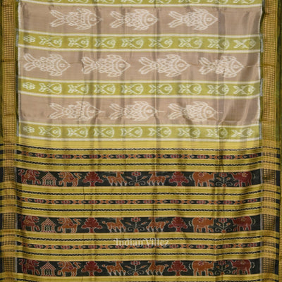 Pastel Olive Green Fish Theme Odisha Handloom Khandua Silk Saree