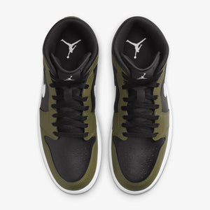 JORDAN | AIR JORDAN 1 MID { BLACK/WHITE-MEDIUM OLIVE-SAIL