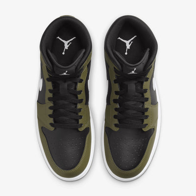 JORDAN | AIR JORDAN 1 MID { BLACK/WHITE-MEDIUM OLIVE-SAIL