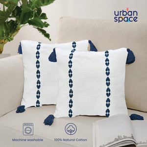 Embroidered Cotton Cushion Cover, for Sofa, Bedroom, Living Room - Set of 2 - Vintage Braid Indigo