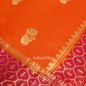 Orange with Rani Pink Kora Organza Banarasi  Saree