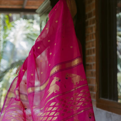 Hot Pink Handloom Venkatagiri Cotton Saree With Coin buttis and Jamdani Parrot Pallu Motifs