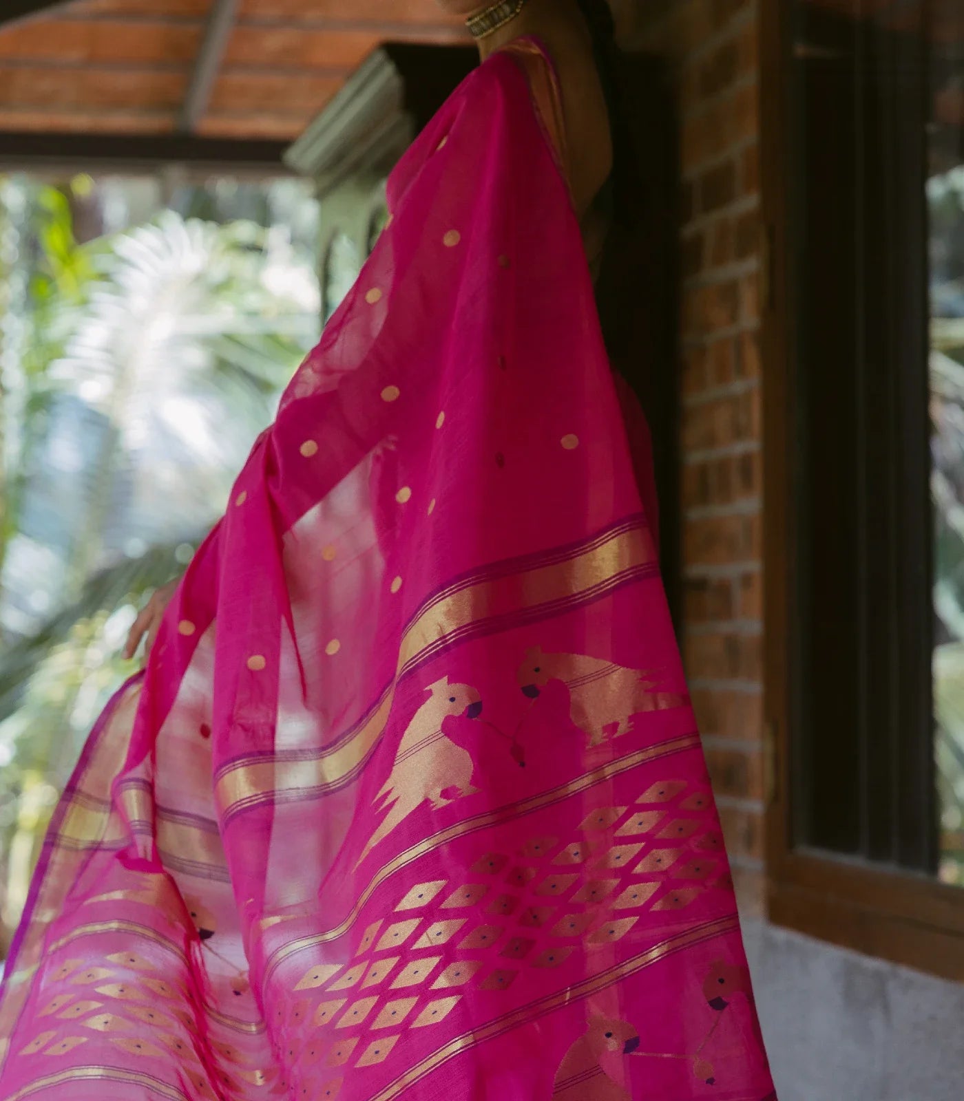 Hot Pink Handloom Venkatagiri Cotton Saree With Coin buttis and Jamdani Parrot Pallu Motifs