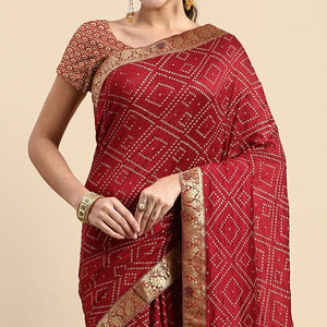 Maroon Foil Printed With Swarovski Vichitra Silk Saree