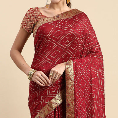 Maroon Foil Printed With Swarovski Vichitra Silk Saree
