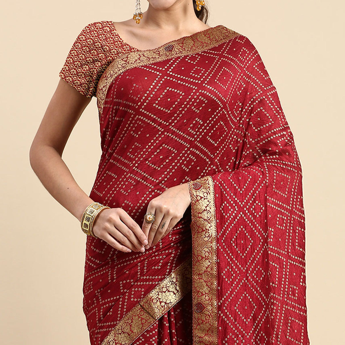 Maroon Foil Printed With Swarovski Vichitra Silk Saree