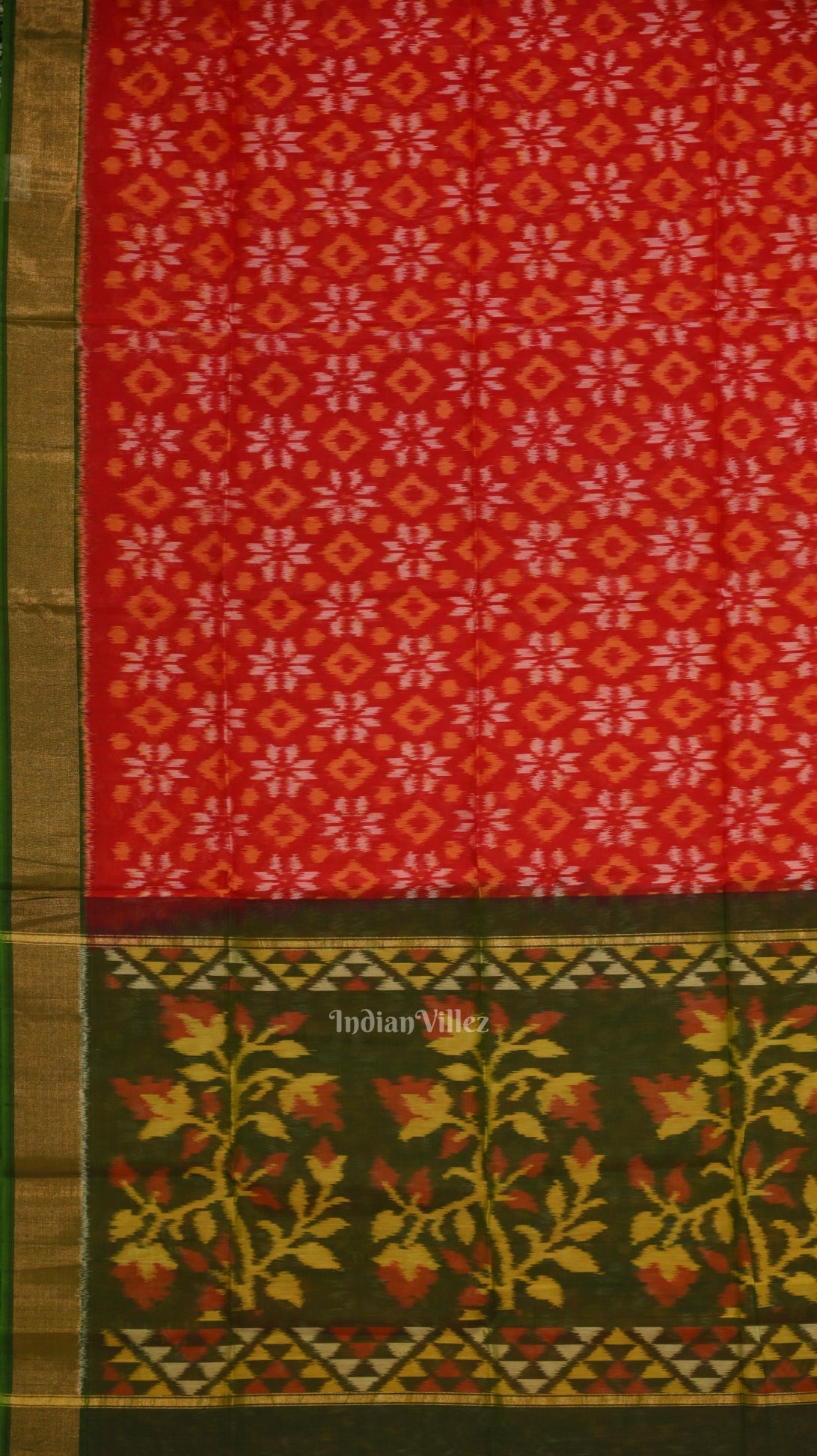 Red Green Pochampally Ikat Sico (Silk & Cotton) Saree with Zari Border