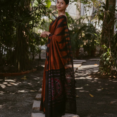 Rust Handloom Orissa Cotton Saree With Black Temple border