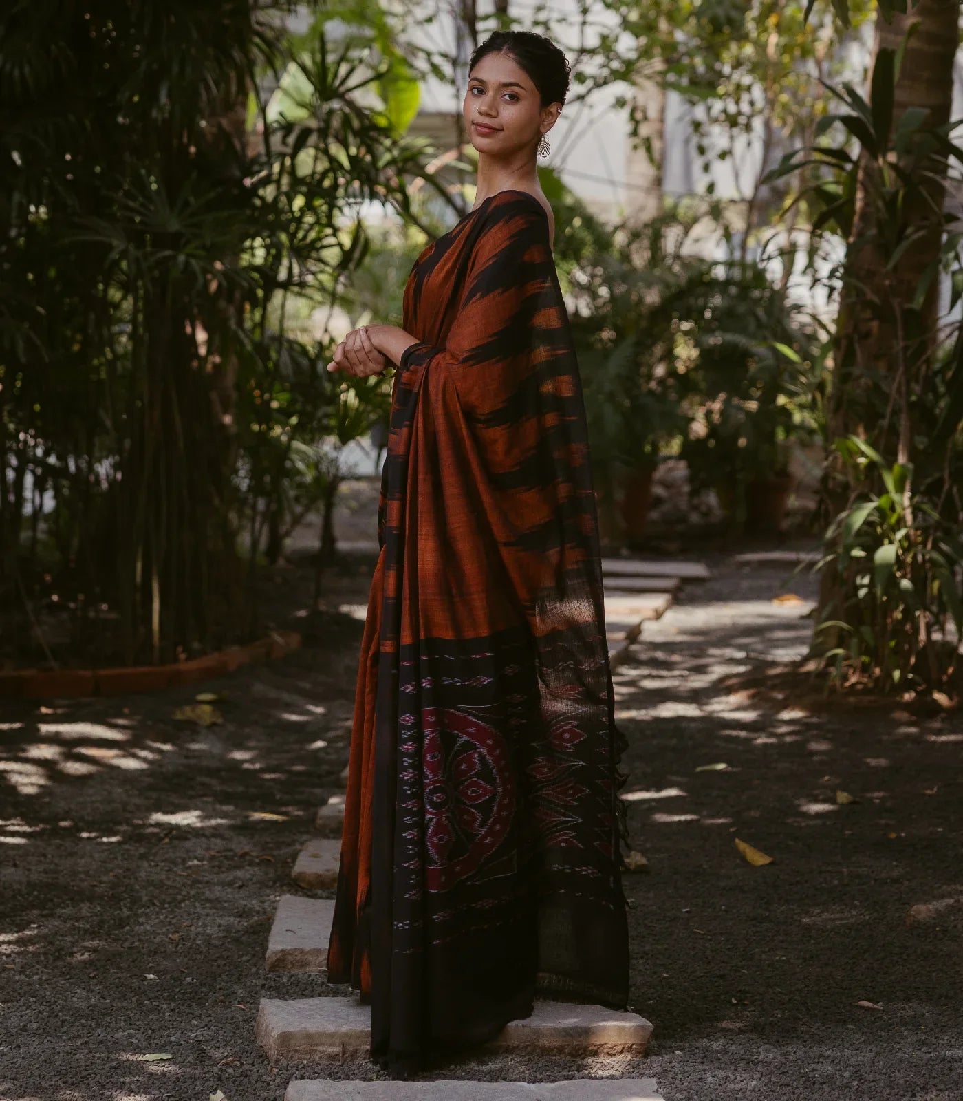 Rust Handloom Orissa Cotton Saree With Black Temple border
