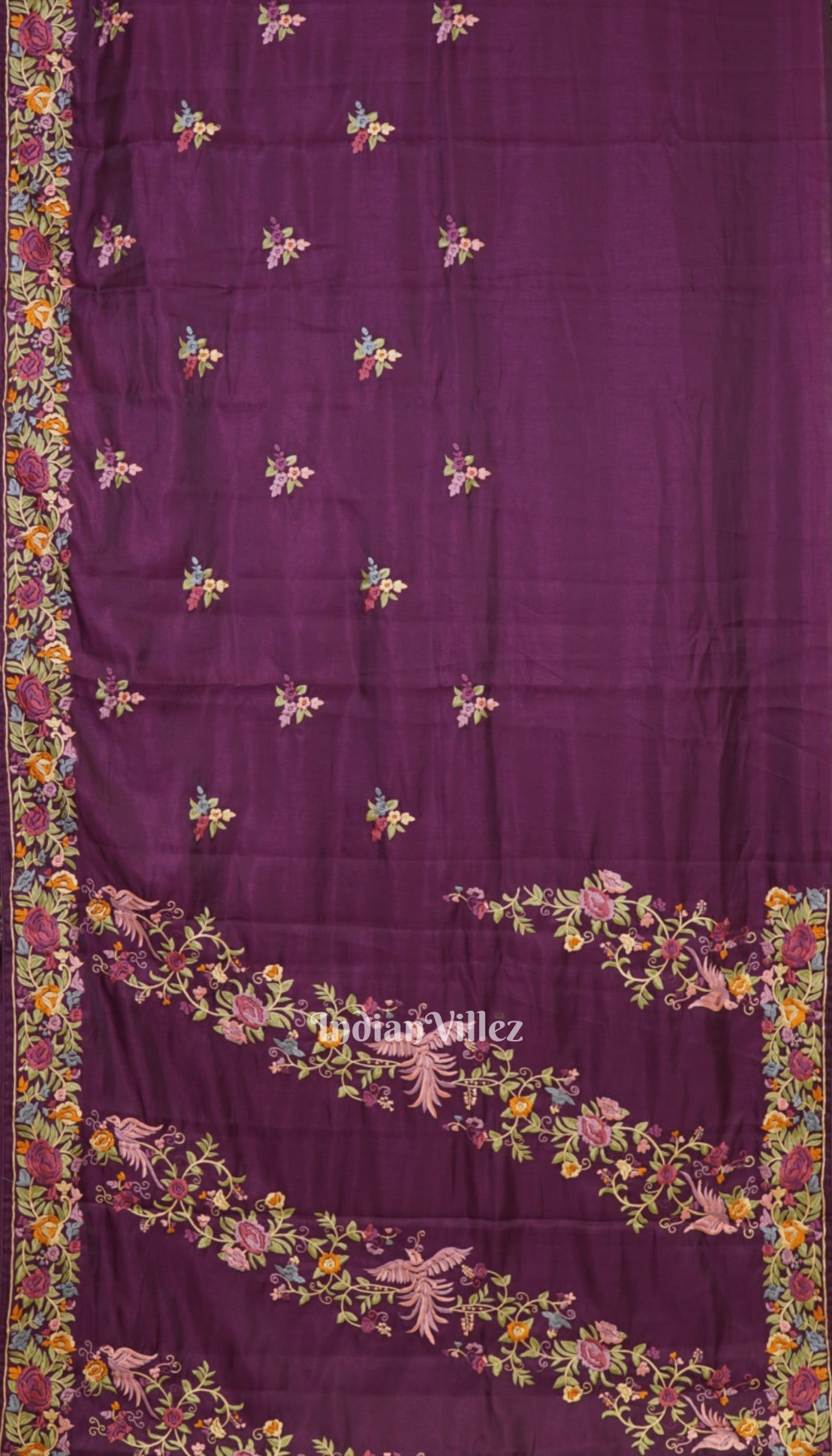 Maroon Parsi Gara Floral Motif Hand Embroidered Saree