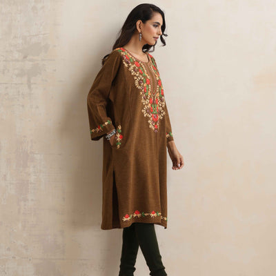 trueBrowns Brown Kashmiri Embroidered Woollen Phiran Kurta