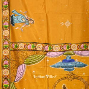 Yellow Ramayana Theme Hand-Painted Pattachitra Saree (Pre Order)
