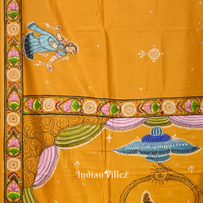 Yellow Ramayana Theme Hand-Painted Pattachitra Saree (Pre Order)