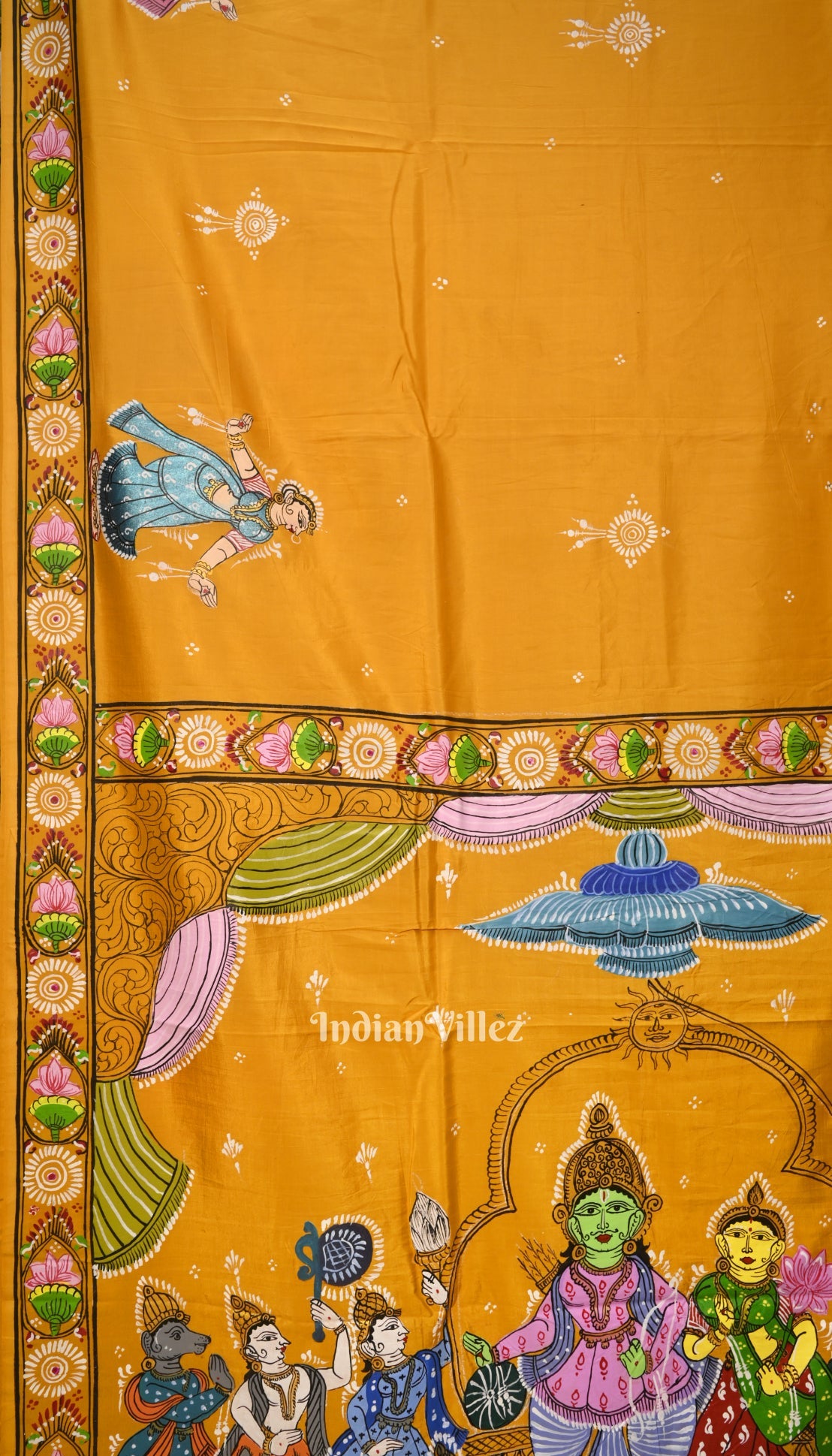 Yellow Ramayana Theme Hand-Painted Pattachitra Saree (Pre Order)