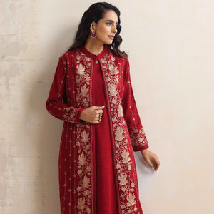 trueBrowns Red Kashmiri Woollen Jacket 3pc Set