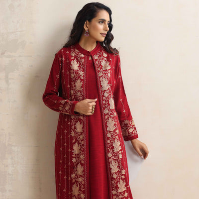 trueBrowns Red Kashmiri Woollen Jacket 3pc Set