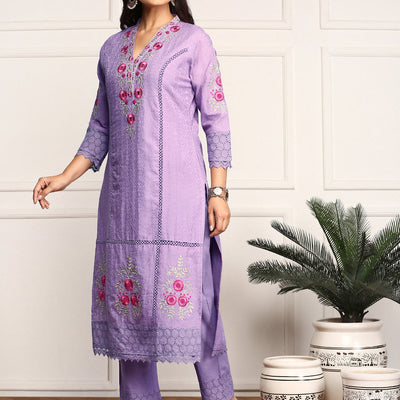 Purple Floral Embroidered Schiffli Pure Cotton Kurta With Trousers & Dupatta