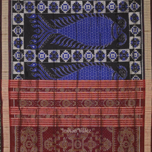 Blue Maroon Fish Motif Odisha Handloom Sambalpuri Silk Saree