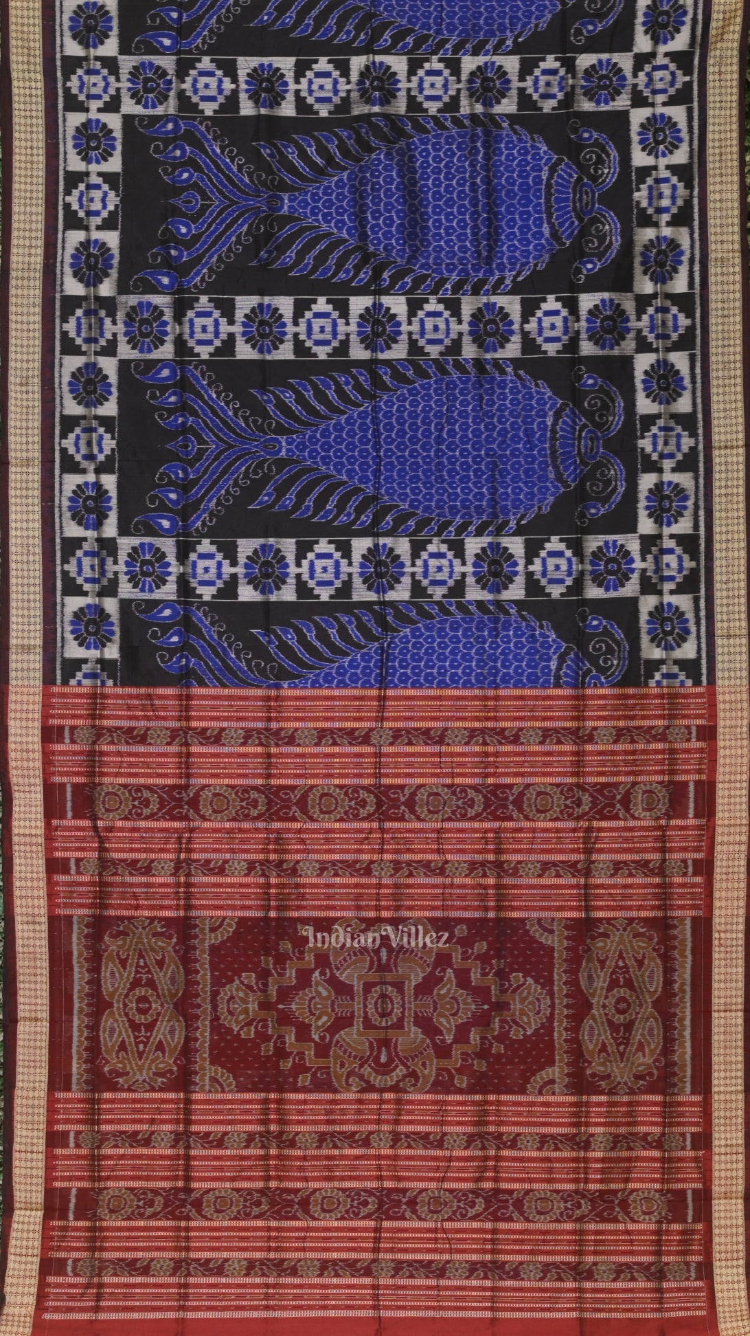 Blue Maroon Fish Motif Odisha Handloom Sambalpuri Silk Saree