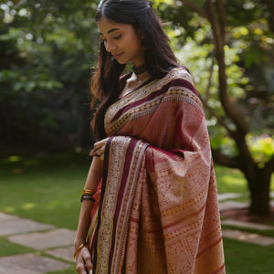 Dusty Pink Tissue Handloom Silk Cotton Saree With Zari Stripes