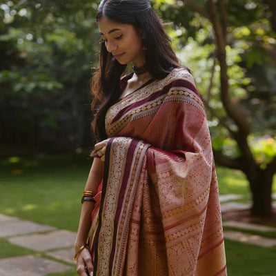 Dusty Pink Tissue Handloom Silk Cotton Saree With Zari Stripes