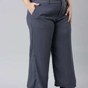 Women Solid Dark Jean Blue High Rise Crepe Wide Pant
