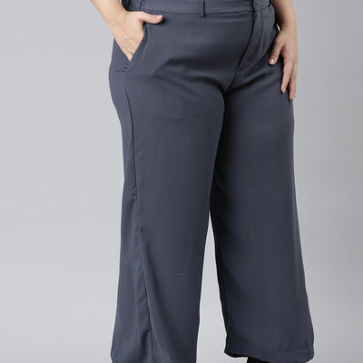 Women Solid Dark Jean Blue High Rise Crepe Wide Pant