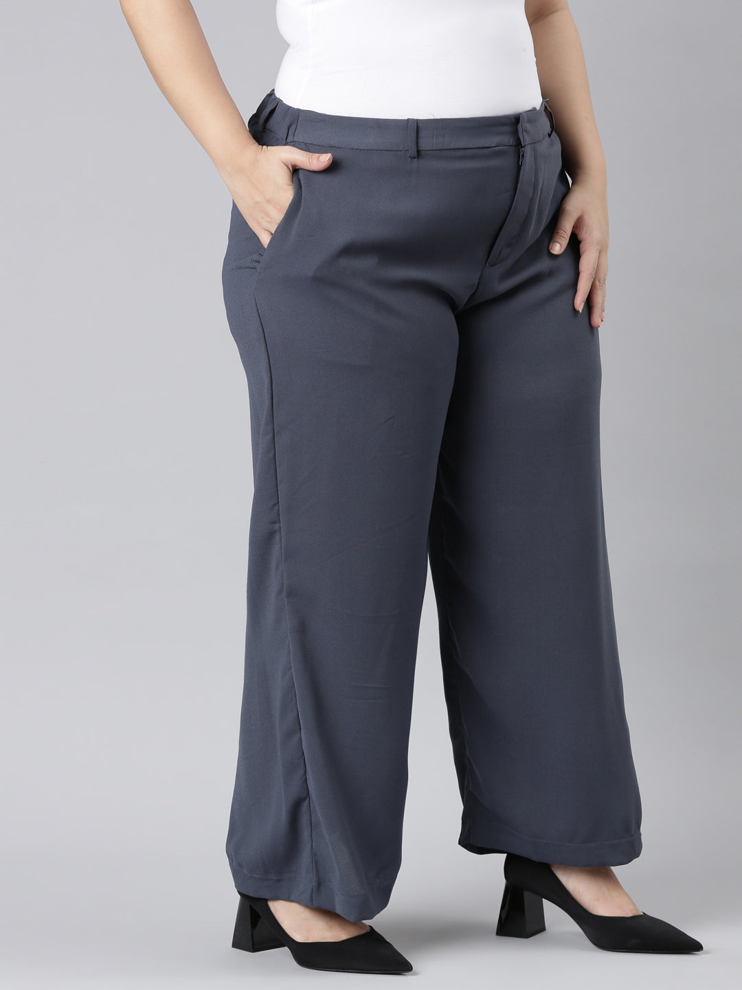Women Solid Dark Jean Blue High Rise Crepe Wide Pant