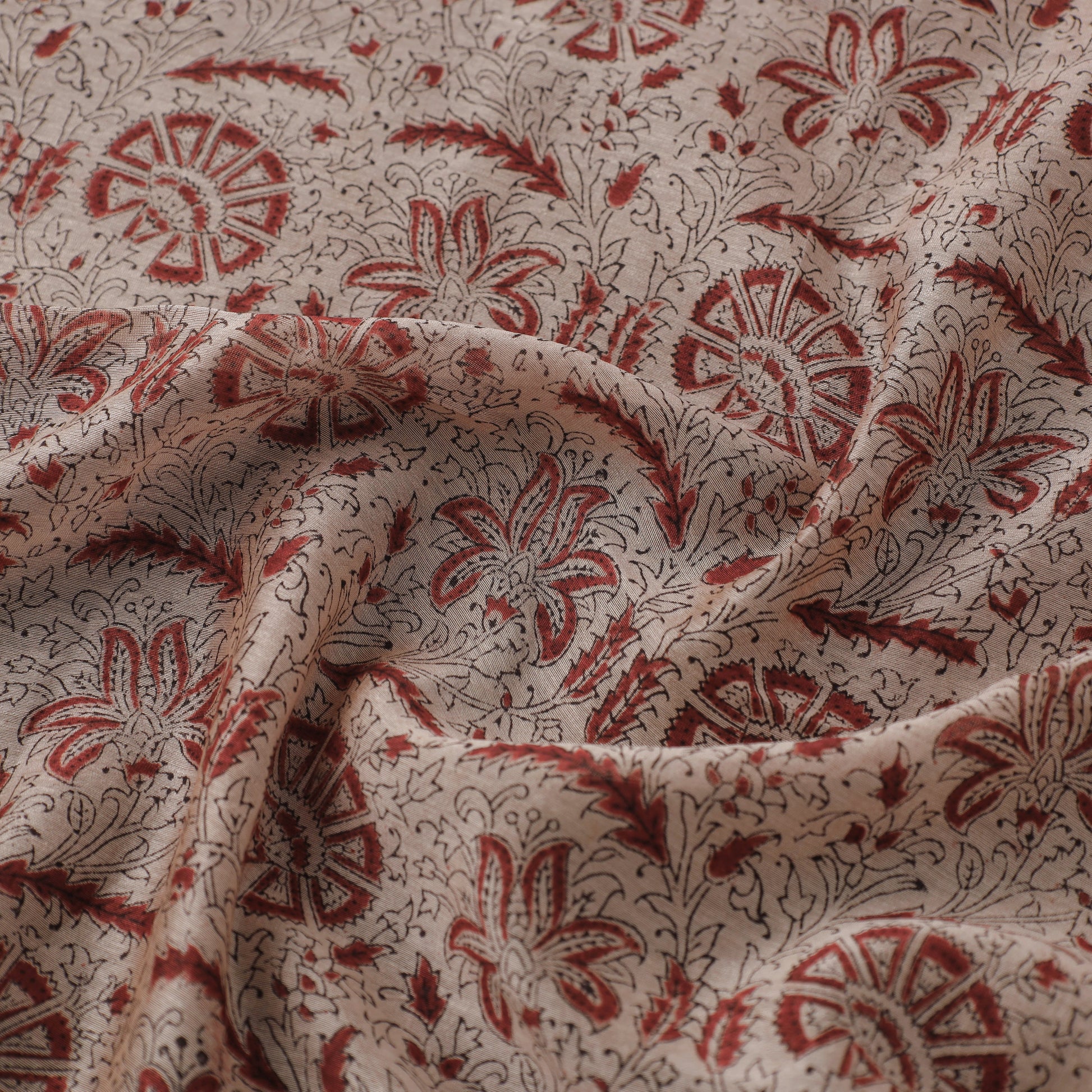 Beige - Pedana Block Printed Silk Kalamkari Fabric 10