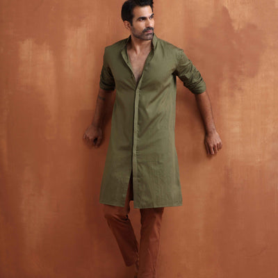 trueBrowns Men's Olive Green Cotton Front Open Kurta