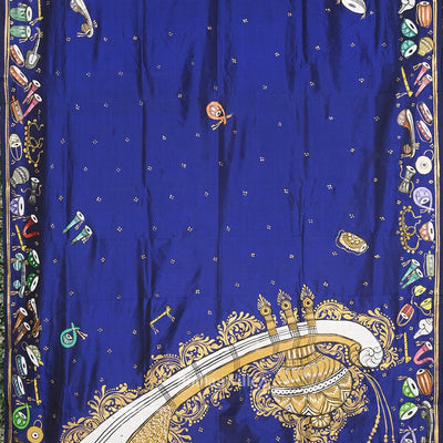 Blue Sitar Instrument Hand-Painted Pattachitra Saree (Pre-Order)