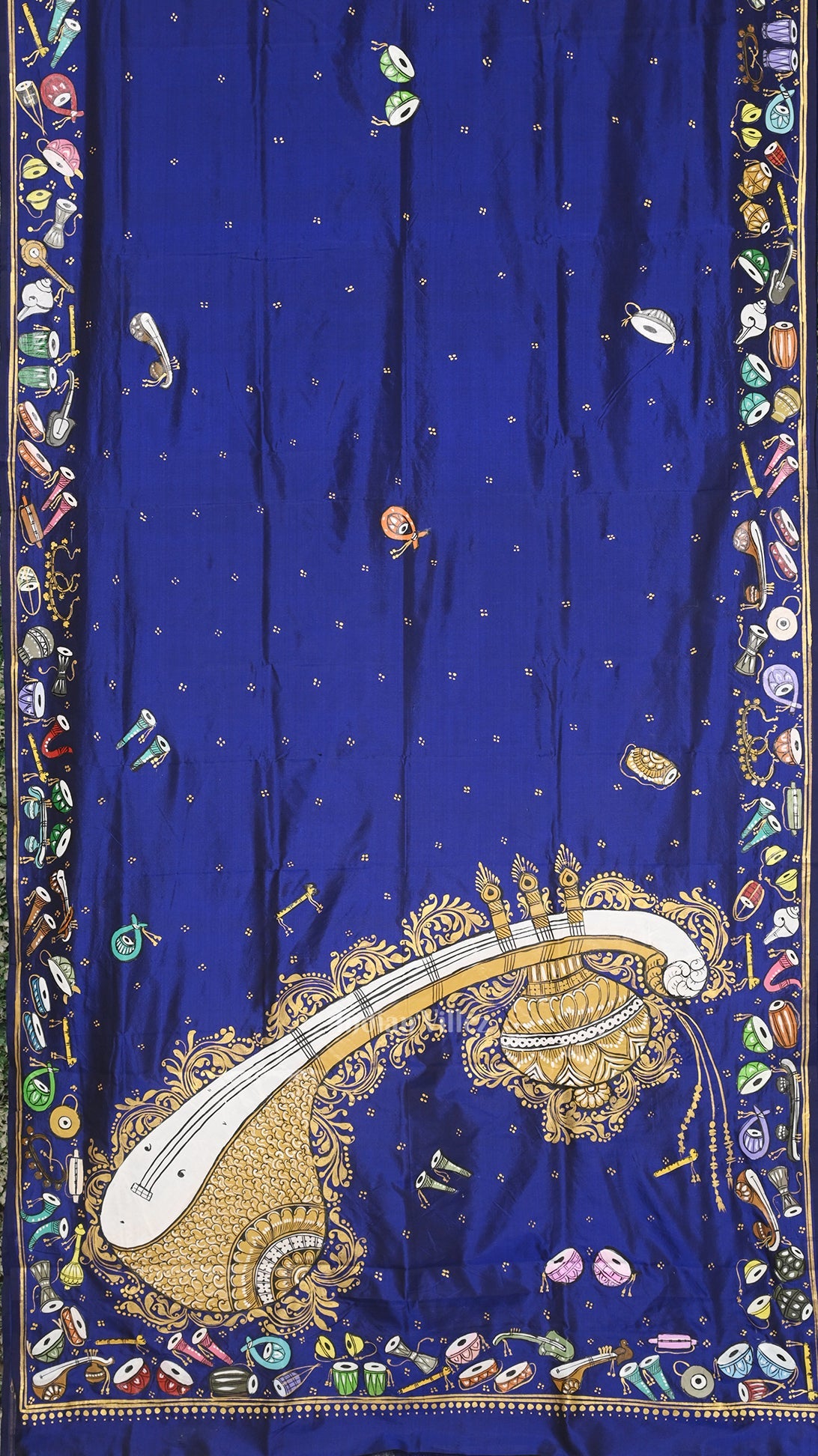 Blue Sitar Instrument Hand-Painted Pattachitra Saree (Pre-Order)
