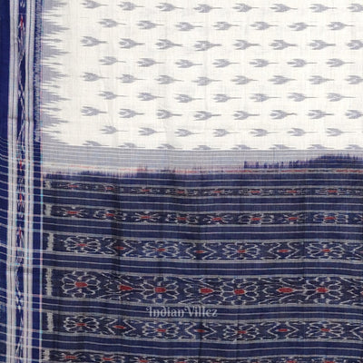 White Blue Mayur Chandrika Maniabandha Cotton Saree