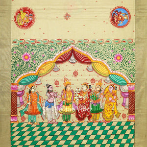 Cream Kerala Tissue Marriage Theme Hand-Painted Pattachitra Saree